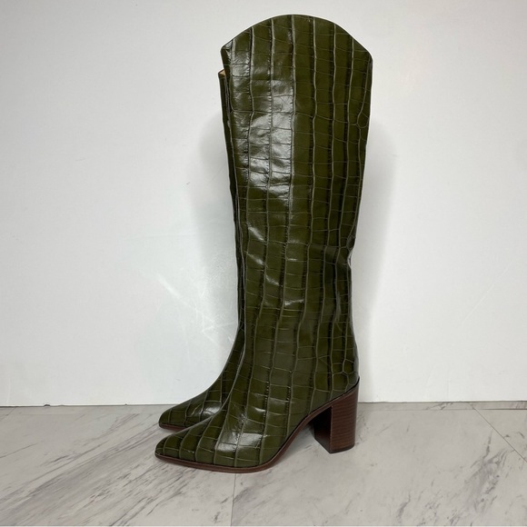 Schutz Maryana Green Crocodile Embossed Tall Block Heel Boot 5B - Picture 16 of 16